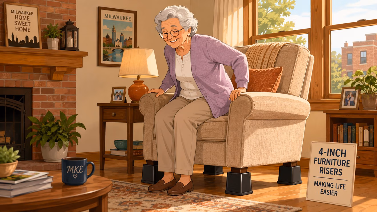 An elderly woman smiling while sitting in an armchair raised by black 4-inch furniture risers.