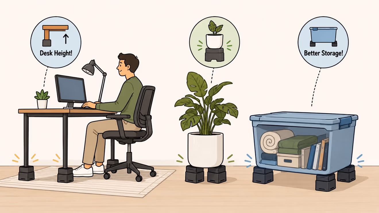 A man using furniture risers to elevate his desk, a potted plant, and a large storage bin.