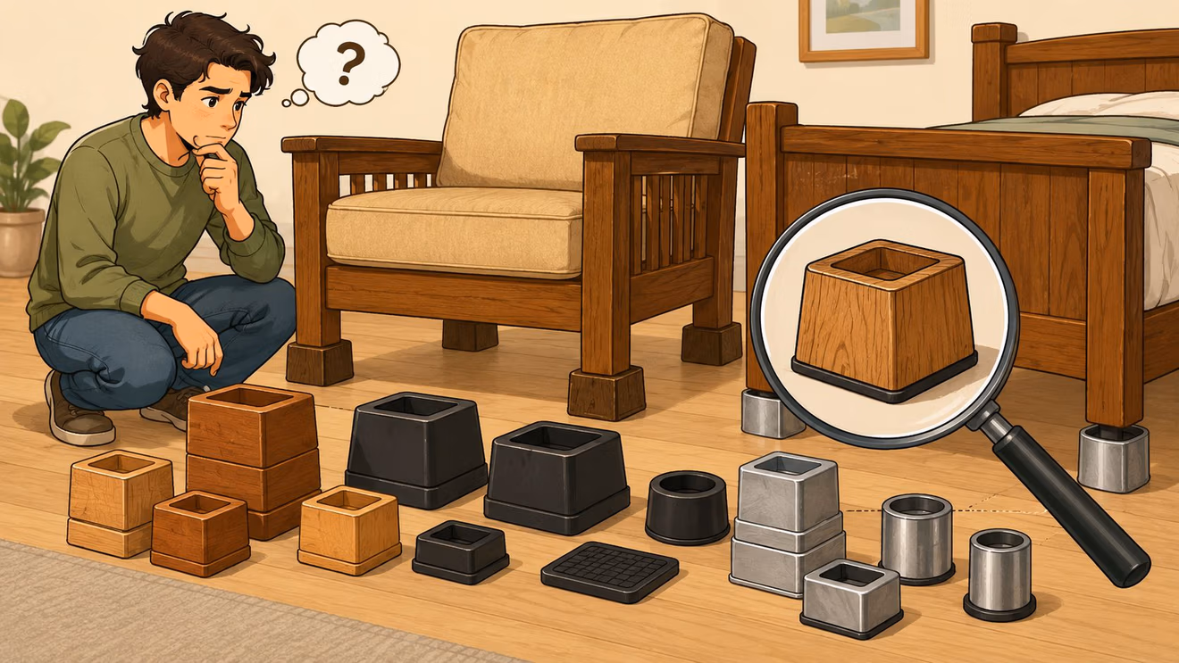 A young man looking at various wooden, plastic, and metal furniture risers on a wooden floor.