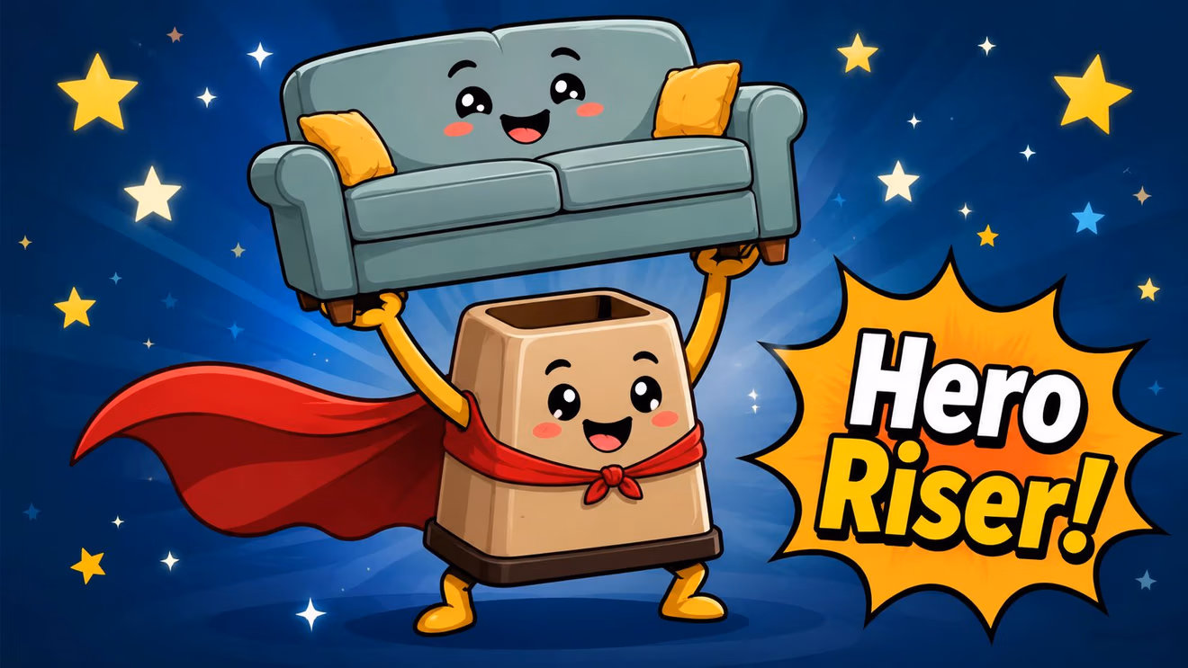 A happy furniture riser character wearing a red superhero cape, lifting a sofa above its head.
