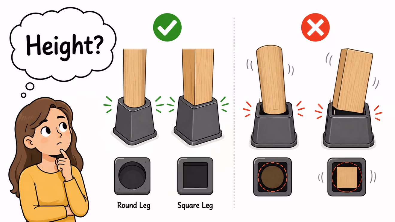 An illustration showing a woman comparing compatible round and square furniture risers versus incorrect mismatched furniture legs.