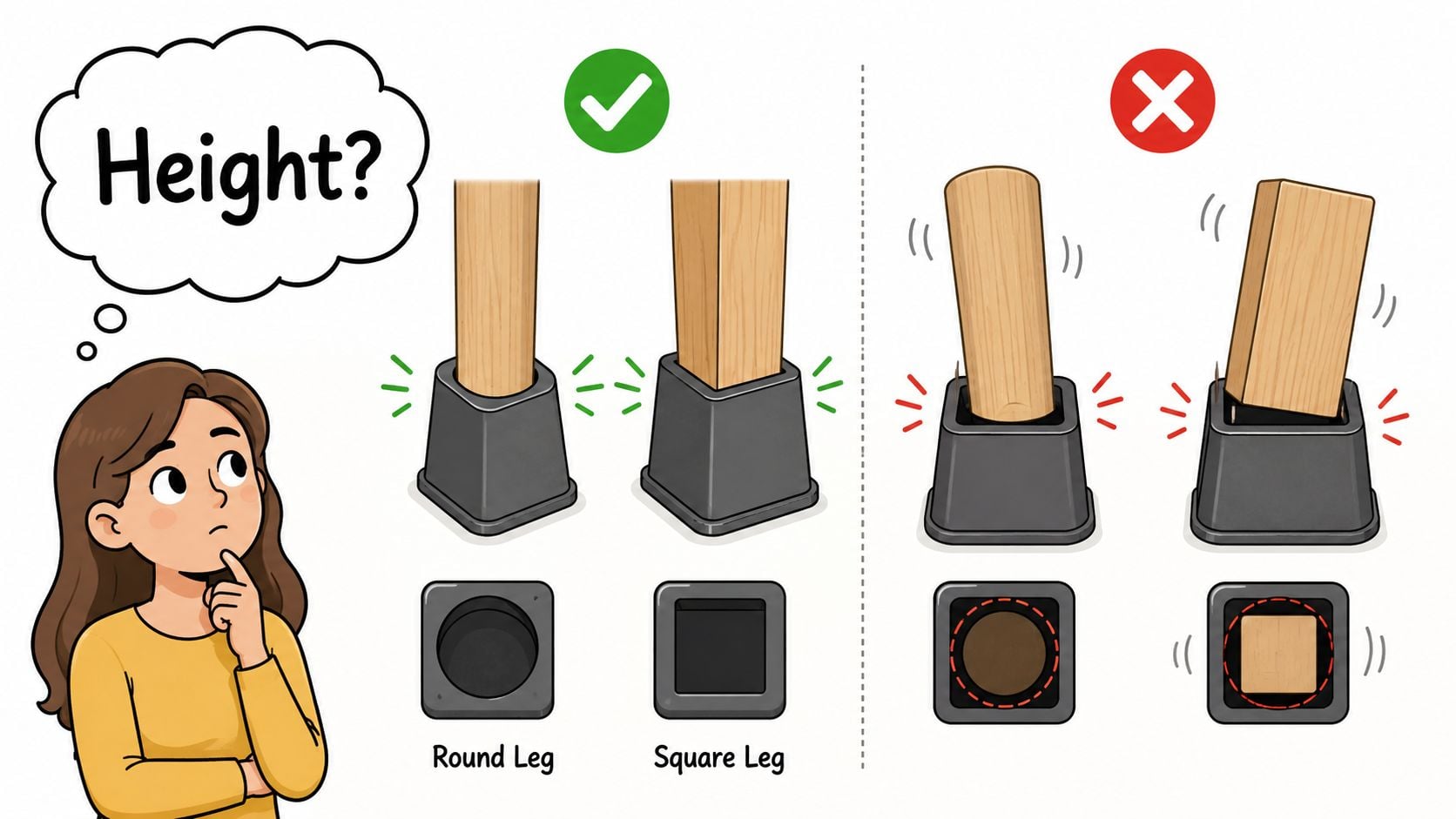 An illustration showing a woman comparing compatible round and square furniture risers versus incorrect mismatched furniture legs.