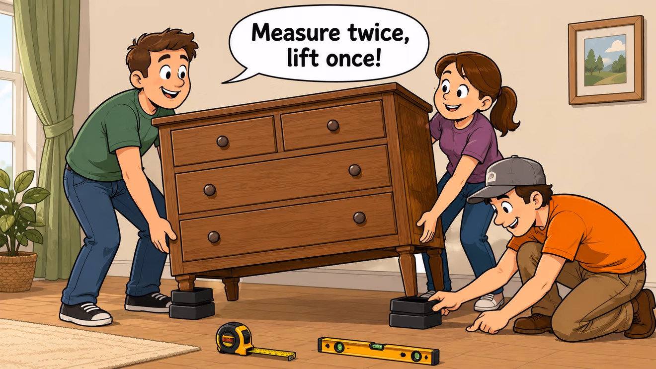 Two men and a woman using furniture risers to lift a wooden dresser in a living room.