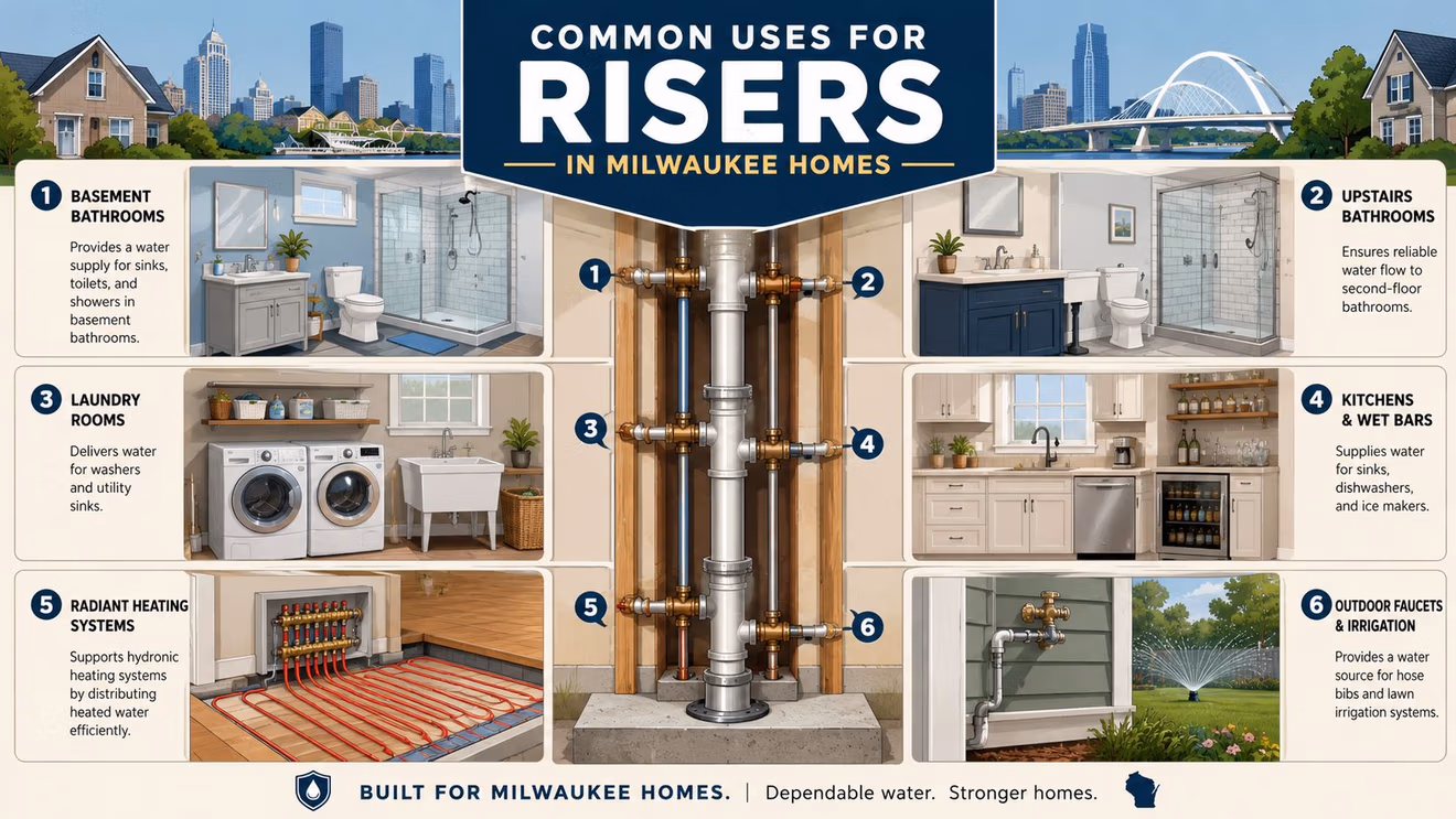 A diagram illustrating common uses for plumbing risers in Milwaukee residential homes, including bathrooms, kitchens, and heating.