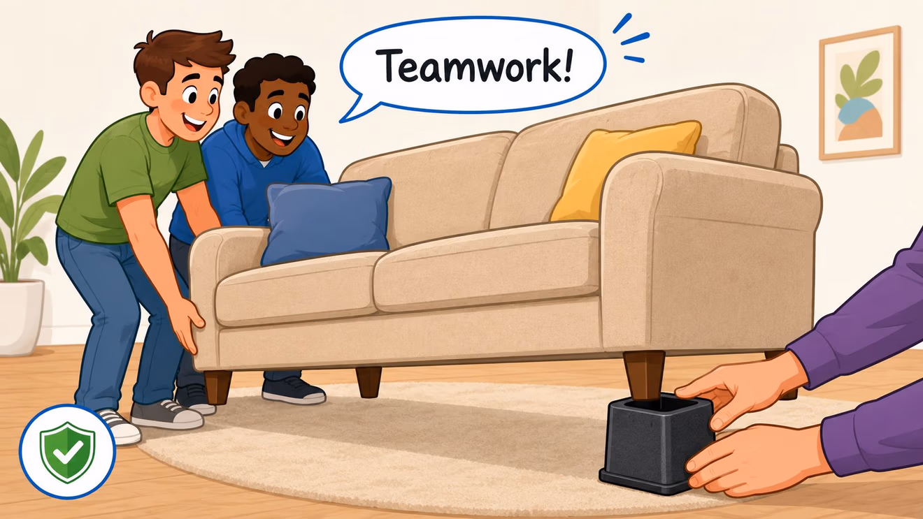 Two young men lifting a sofa while another person places a black furniture riser under the leg.