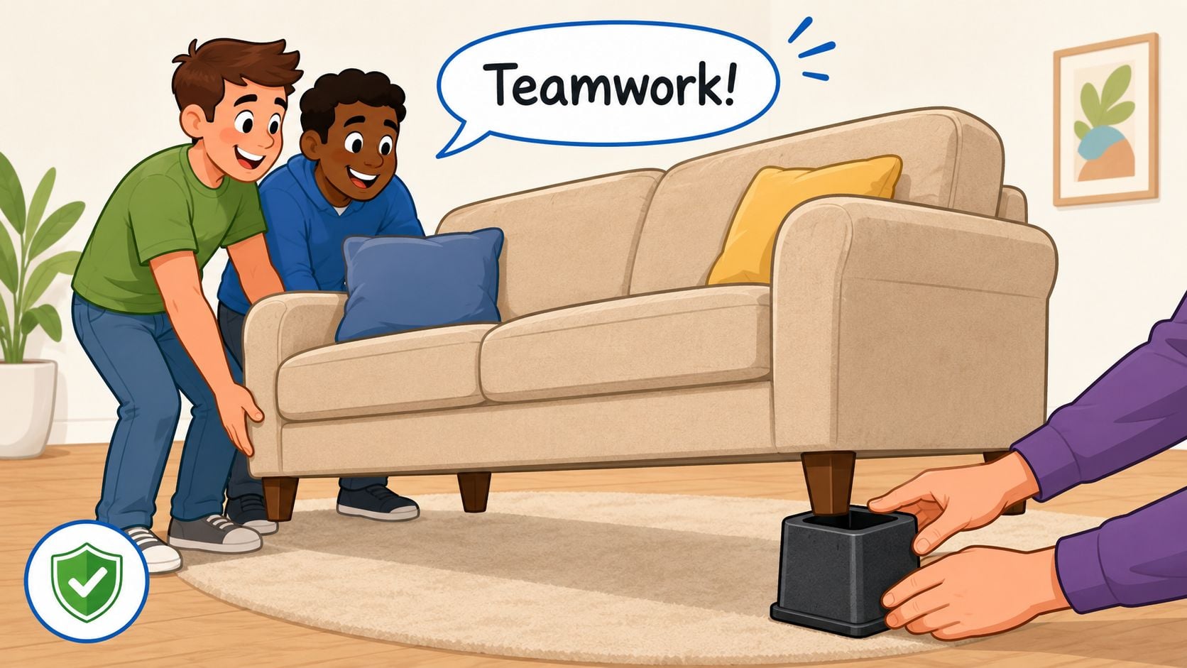 Two young men lifting a sofa while another person places a black furniture riser under the leg.