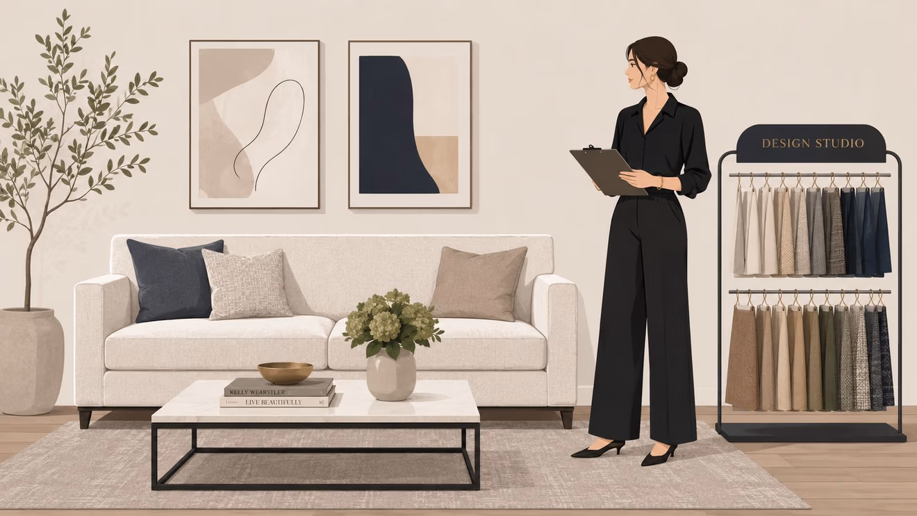 A professional interior designer holding a clipboard standing in a modern, neutral-toned living room studio space.