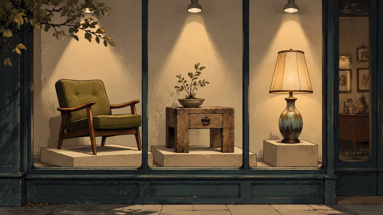 A cozy furniture store window display featuring a mid-century modern green armchair, a rustic wooden table, and lamp.