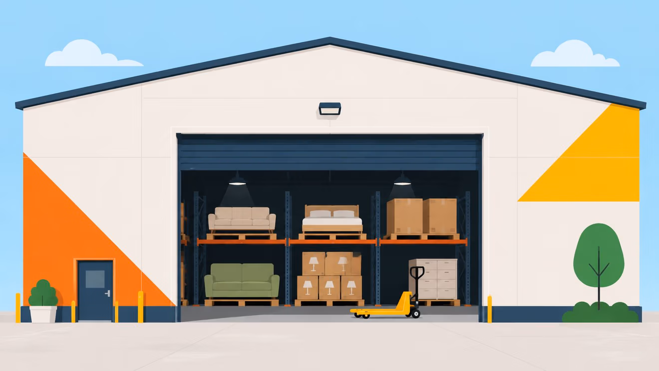 A modern warehouse building facade with open garage doors showing furniture stored on industrial shelving units.