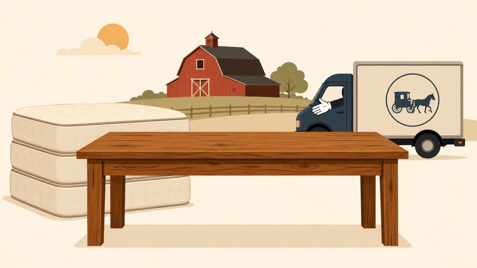 A wooden table placed in front of mattresses with a farm scene and delivery truck in background.