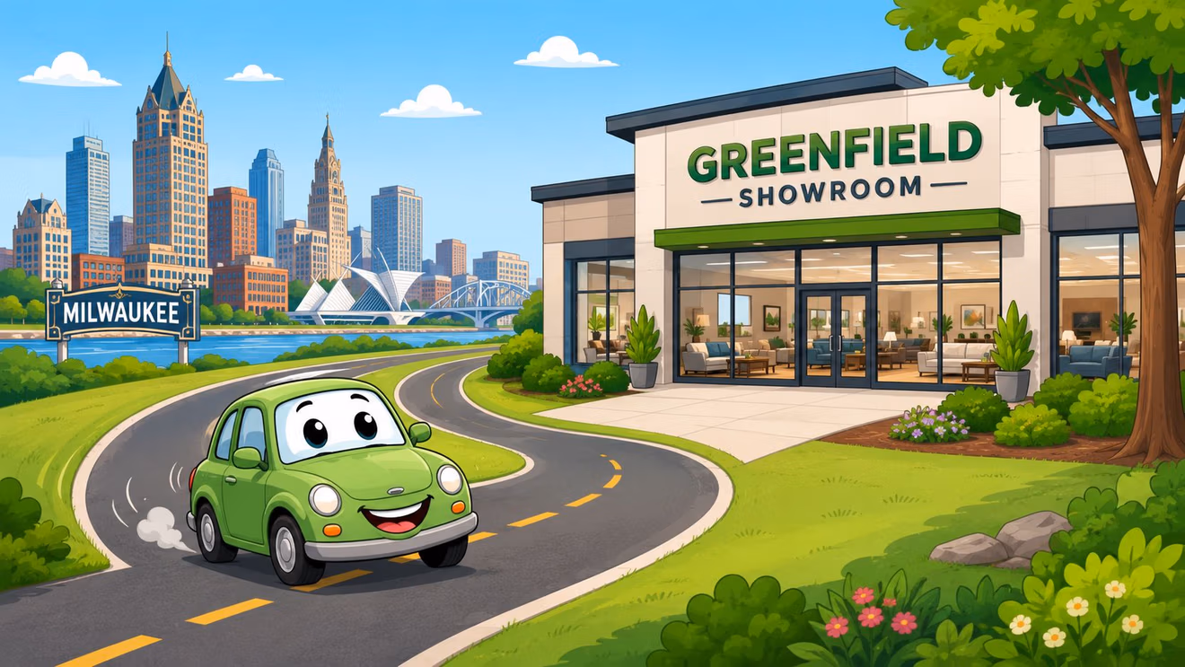 A cheerful cartoon green car driving towards a furniture store named Greenfield Showroom in Milwaukee, Wisconsin.