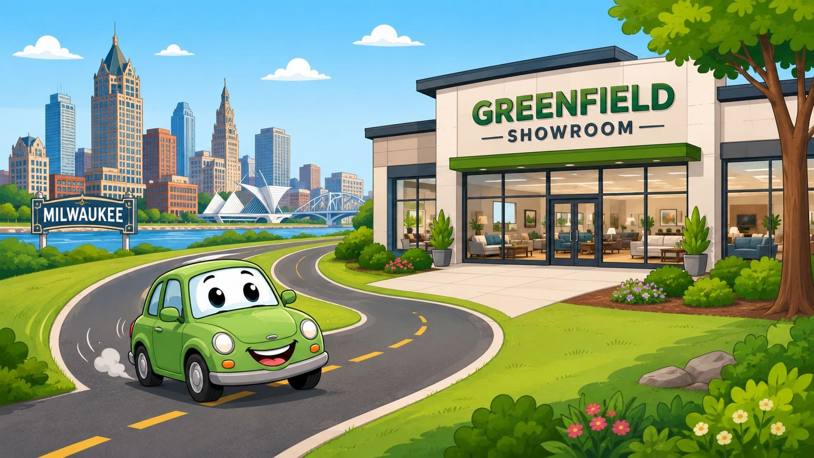 A cheerful cartoon green car driving towards a furniture store named Greenfield Showroom in Milwaukee, Wisconsin.