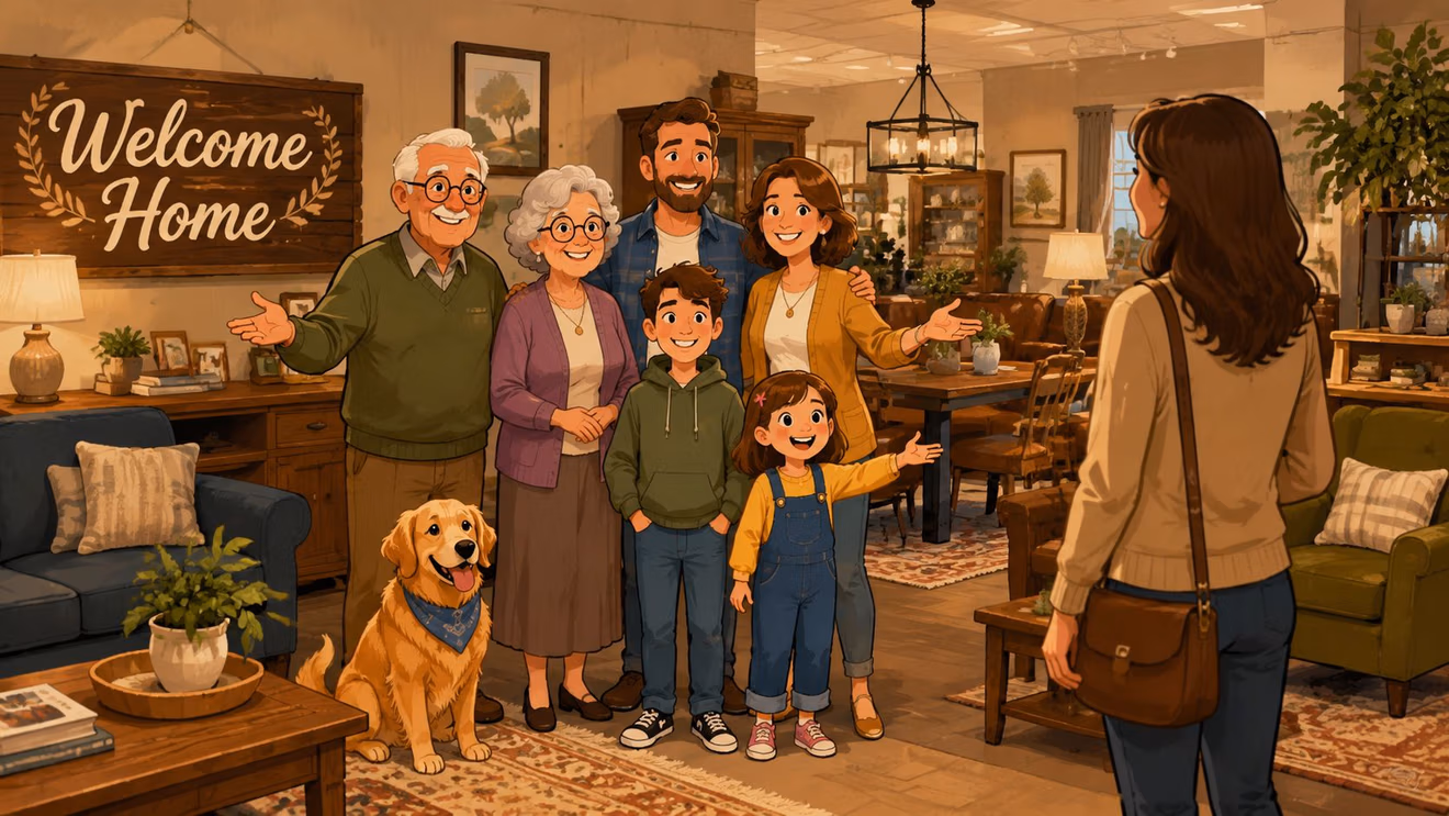 A happy multi-generational family and their dog welcoming a woman into their cozy home furniture store.