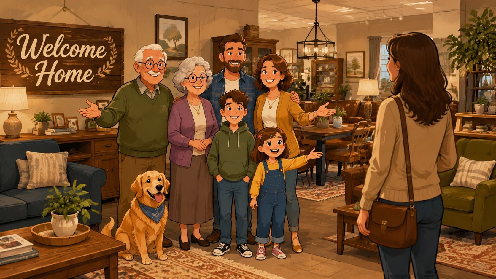 A happy multi-generational family and their dog welcoming a woman into their cozy home furniture store.