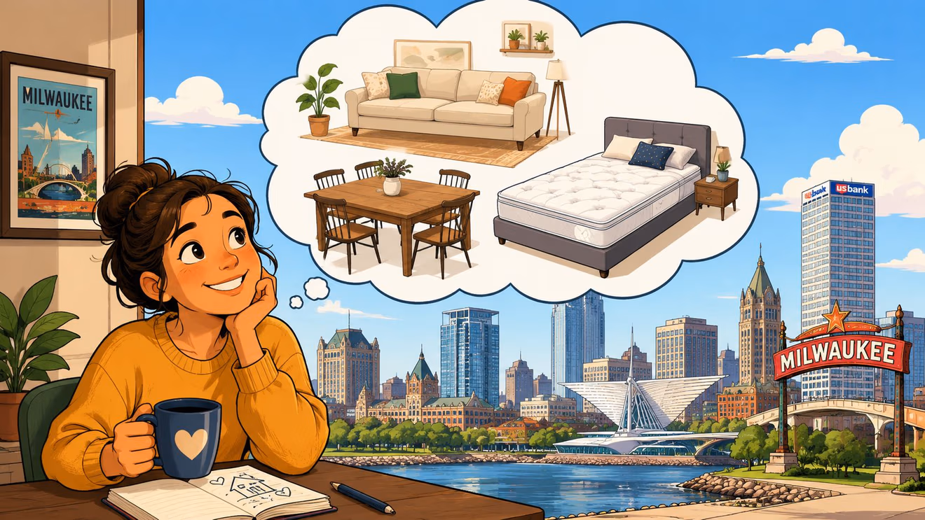A woman daydreams about furnishing her home with a sofa, dining table, and bed in Milwaukee.