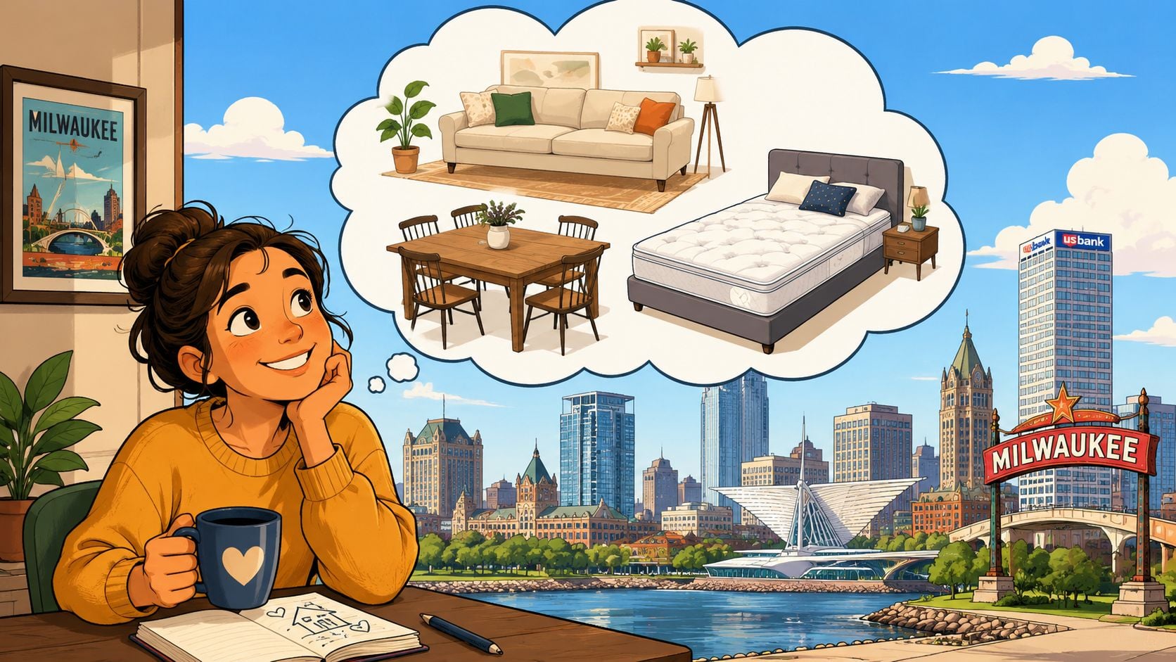 A woman daydreams about furnishing her home with a sofa, dining table, and bed in Milwaukee.