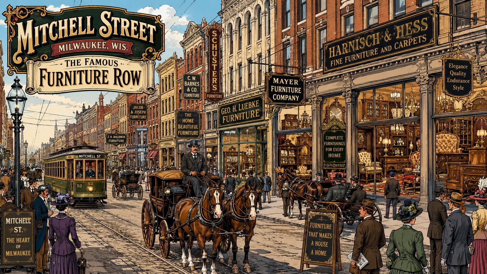 A nostalgic vintage illustration of Mitchell Street in Milwaukee, depicting busy historic furniture stores and carriages.