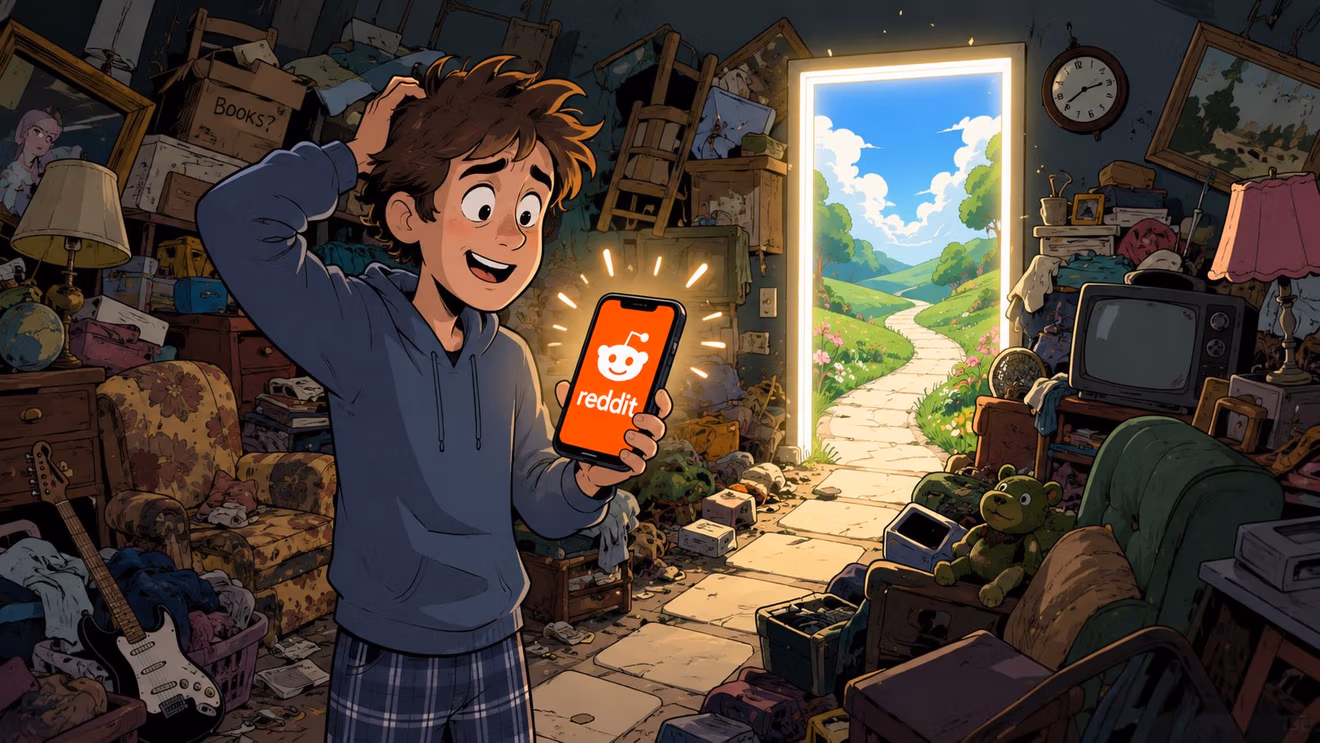 An anime-style boy holding a glowing Reddit smartphone while standing in a messy, cluttered room.