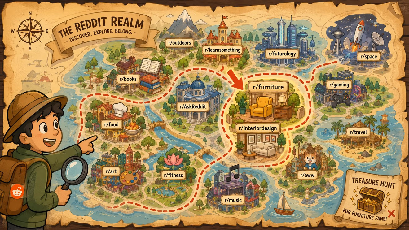 A whimsical fantasy map of the Reddit Realm featuring various illustrated subreddits and a cartoon explorer.