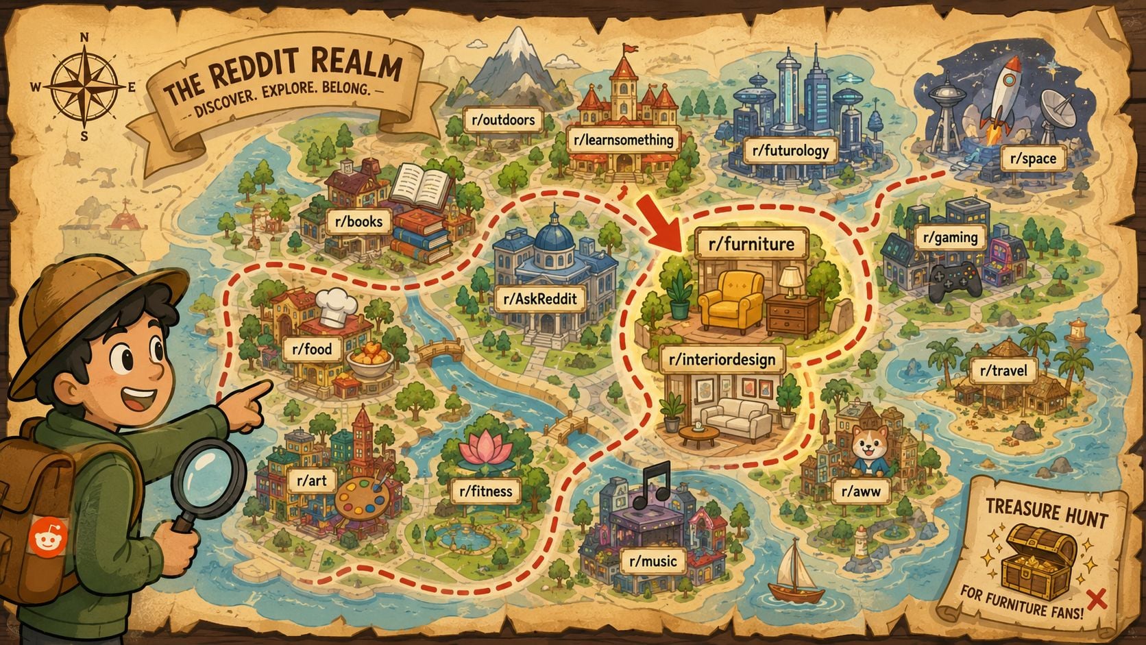 A whimsical fantasy map of the Reddit Realm featuring various illustrated subreddits and a cartoon explorer.