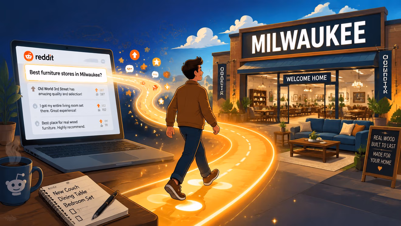 A man walks from a laptop screen showing Reddit furniture recommendations toward a Milwaukee furniture store.