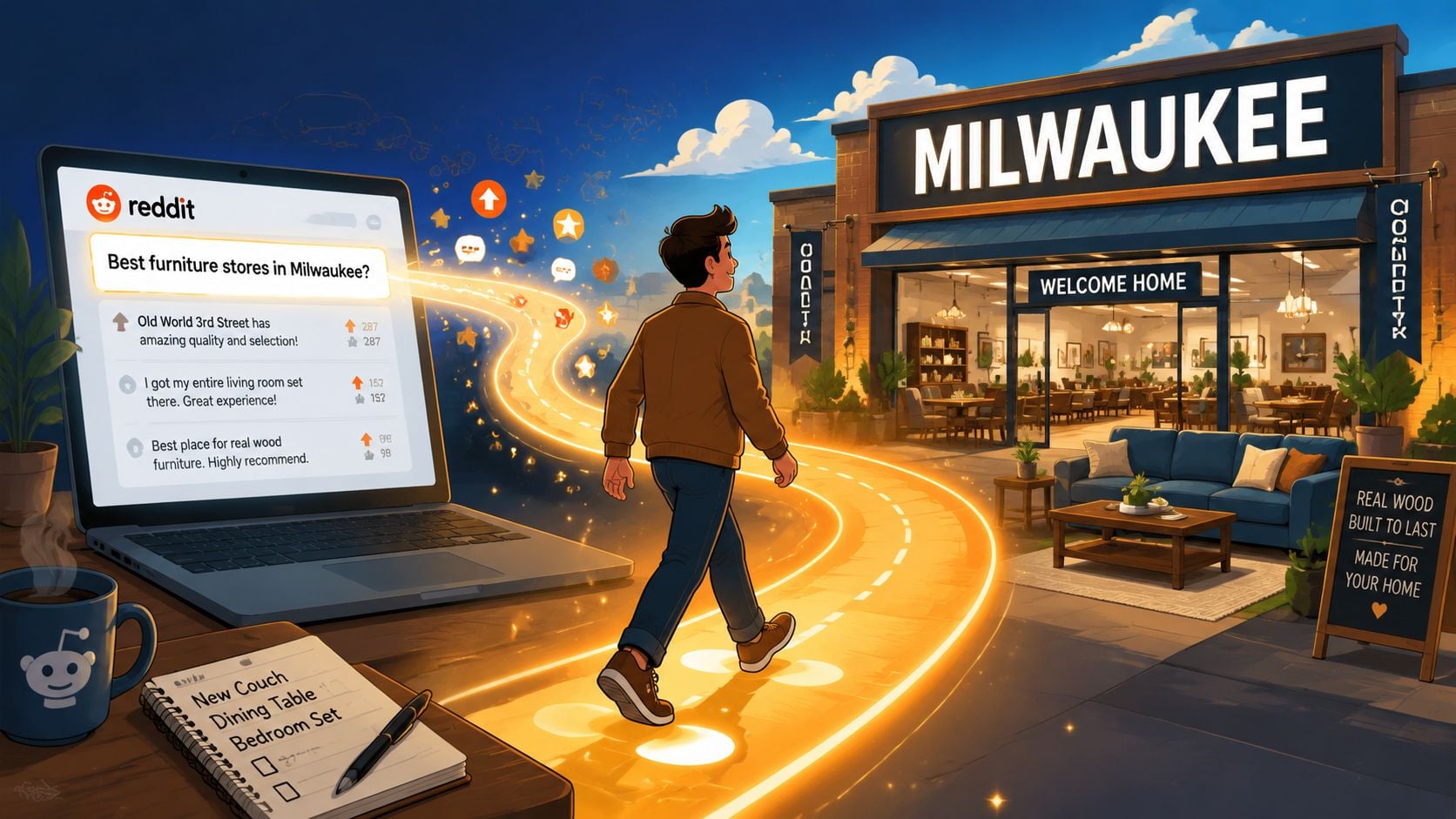 A man walks from a laptop screen showing Reddit furniture recommendations toward a Milwaukee furniture store.