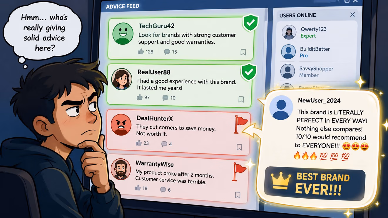 A young person pondering online advice, distinguishing between helpful reviews and hyperbolic, suspicious brand praise.