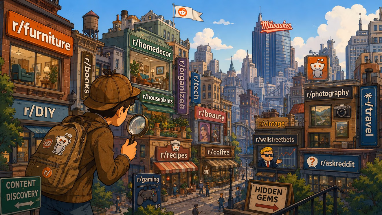 A cartoon detective explores a bustling city street where store signs represent various popular Reddit community subreddits.