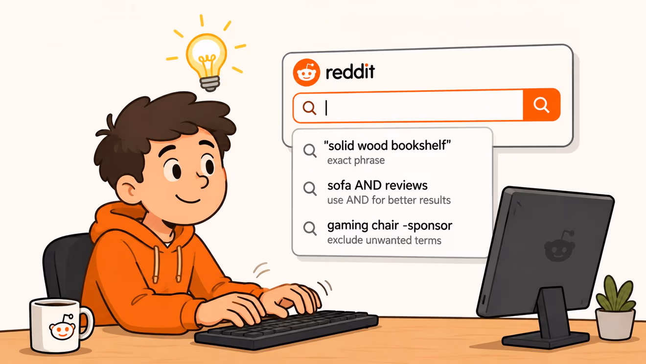 A cartoon illustration of a person typing on a computer showing Reddit search tips for finding furniture.