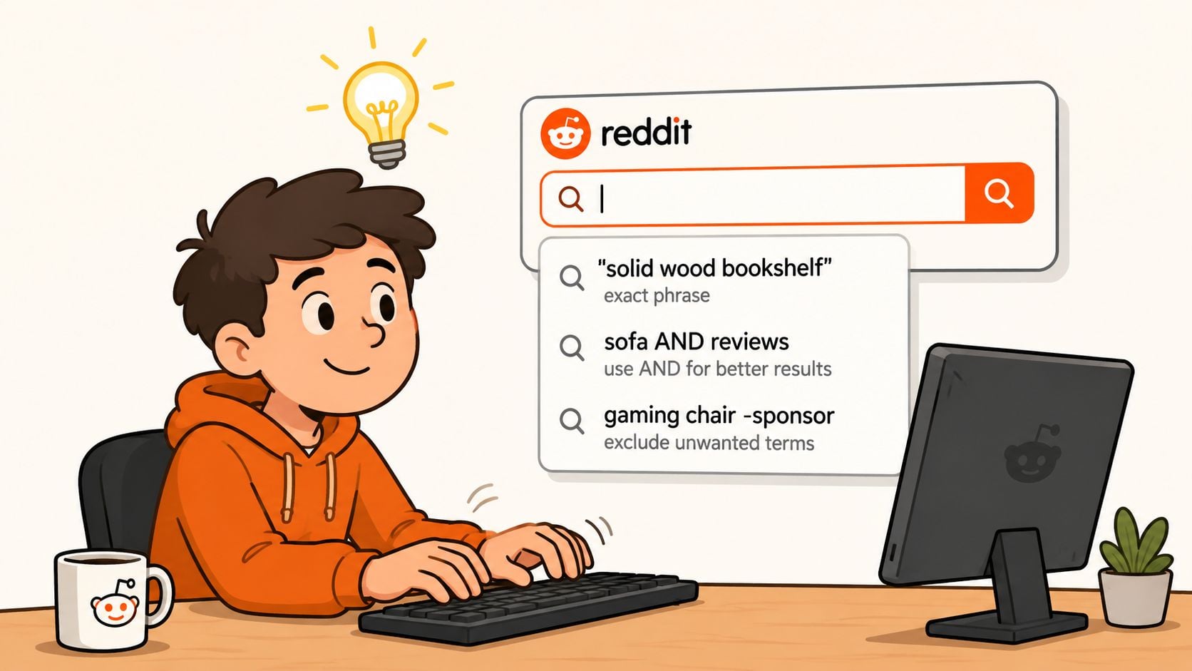 A cartoon illustration of a person typing on a computer showing Reddit search tips for finding furniture.