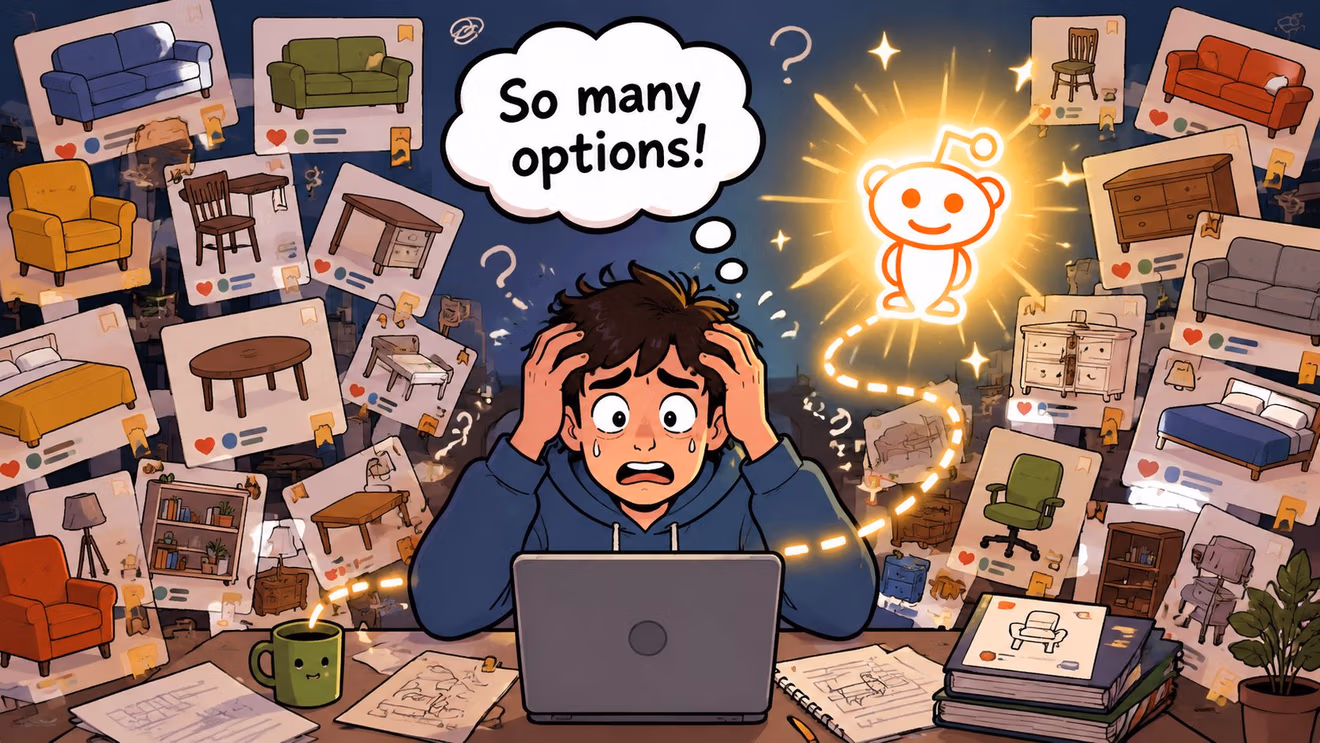 A person looking overwhelmed by many online furniture options while using a laptop to browse Reddit.