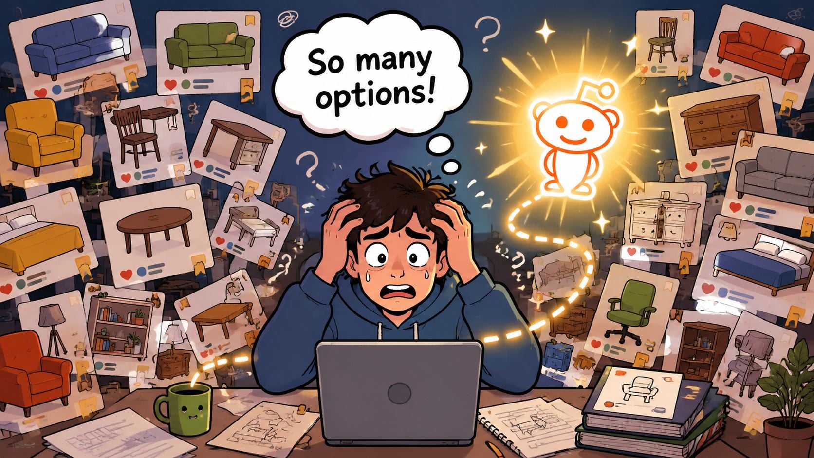 A person looking overwhelmed by many online furniture options while using a laptop to browse Reddit.