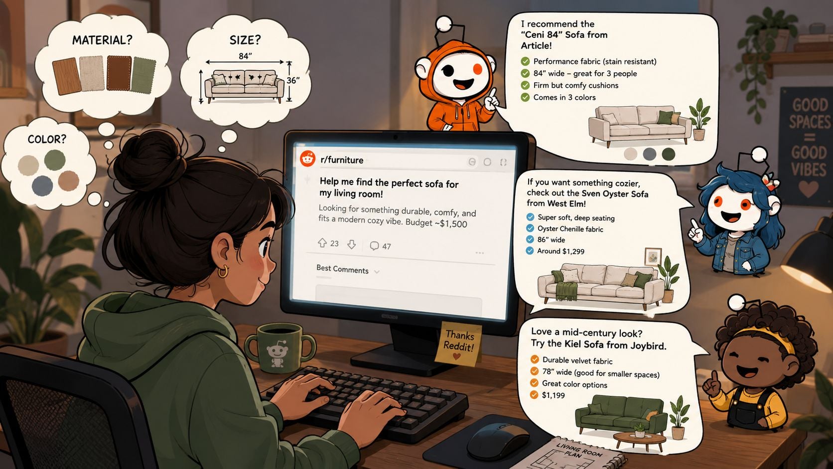 A woman using a computer on Reddit receiving furniture recommendations from various cute illustrated Reddit characters.