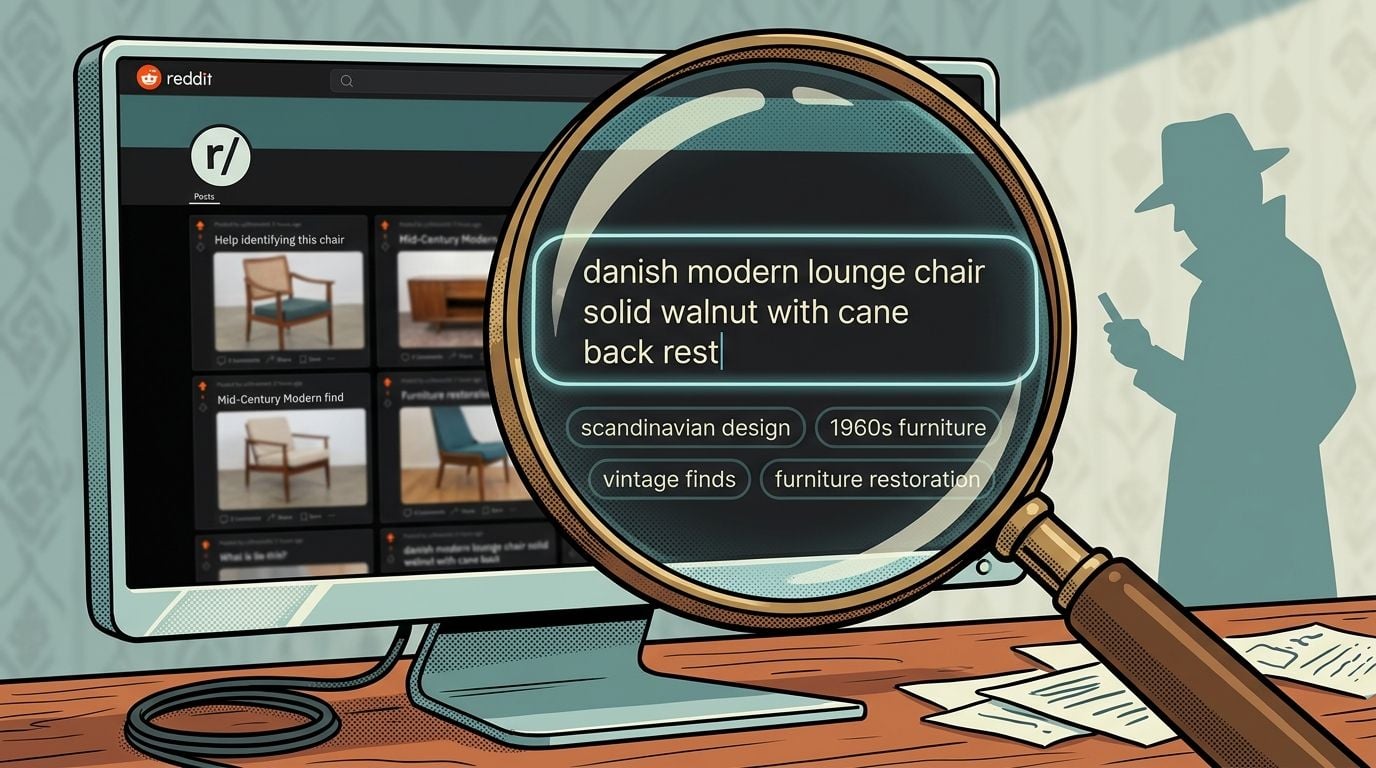 A magnifying glass focusing on a search bar about vintage Danish modern walnut furniture on Reddit.