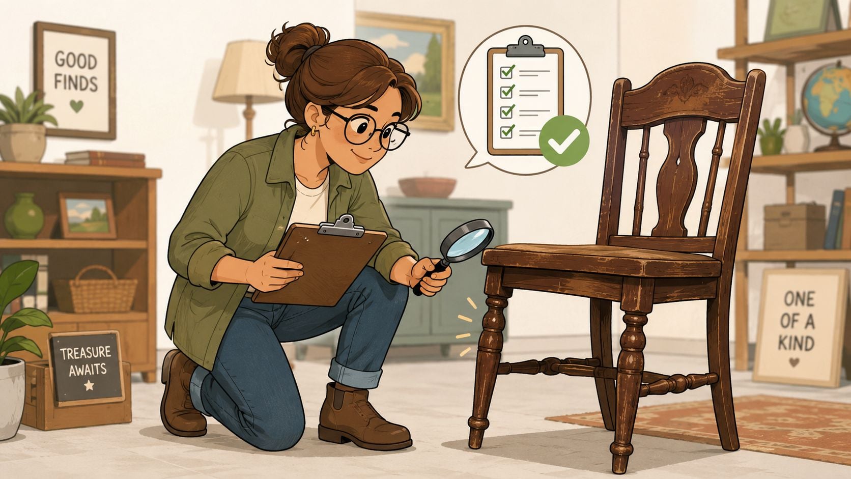 A woman inspecting an antique wooden chair with a magnifying glass in a thrift store.