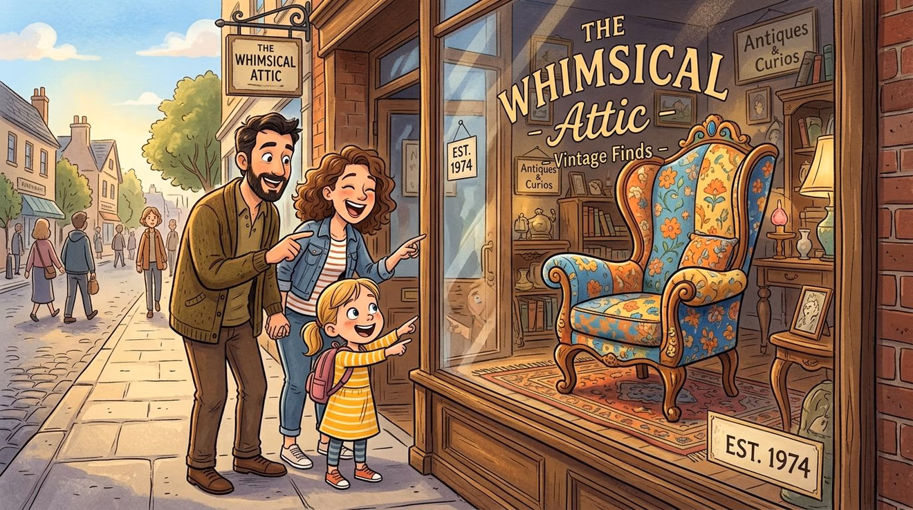 A happy family looking at a colorful vintage armchair displayed in a thrift store window.