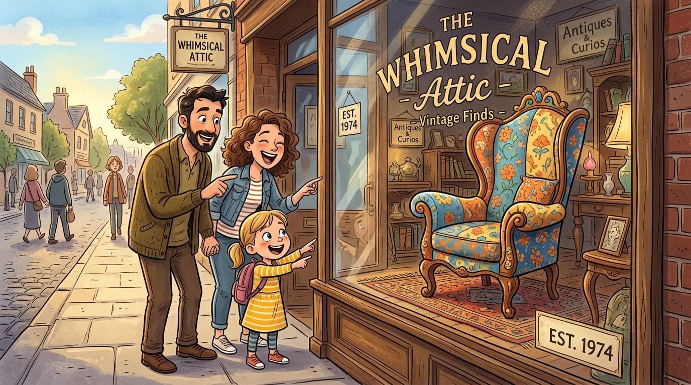 A happy family looking at a colorful vintage armchair displayed in a thrift store window.