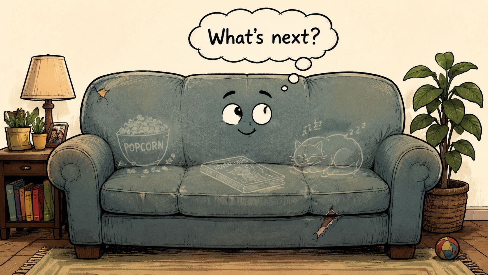 A whimsical cartoon couch with a friendly face sitting in a living room, wondering what comes next.