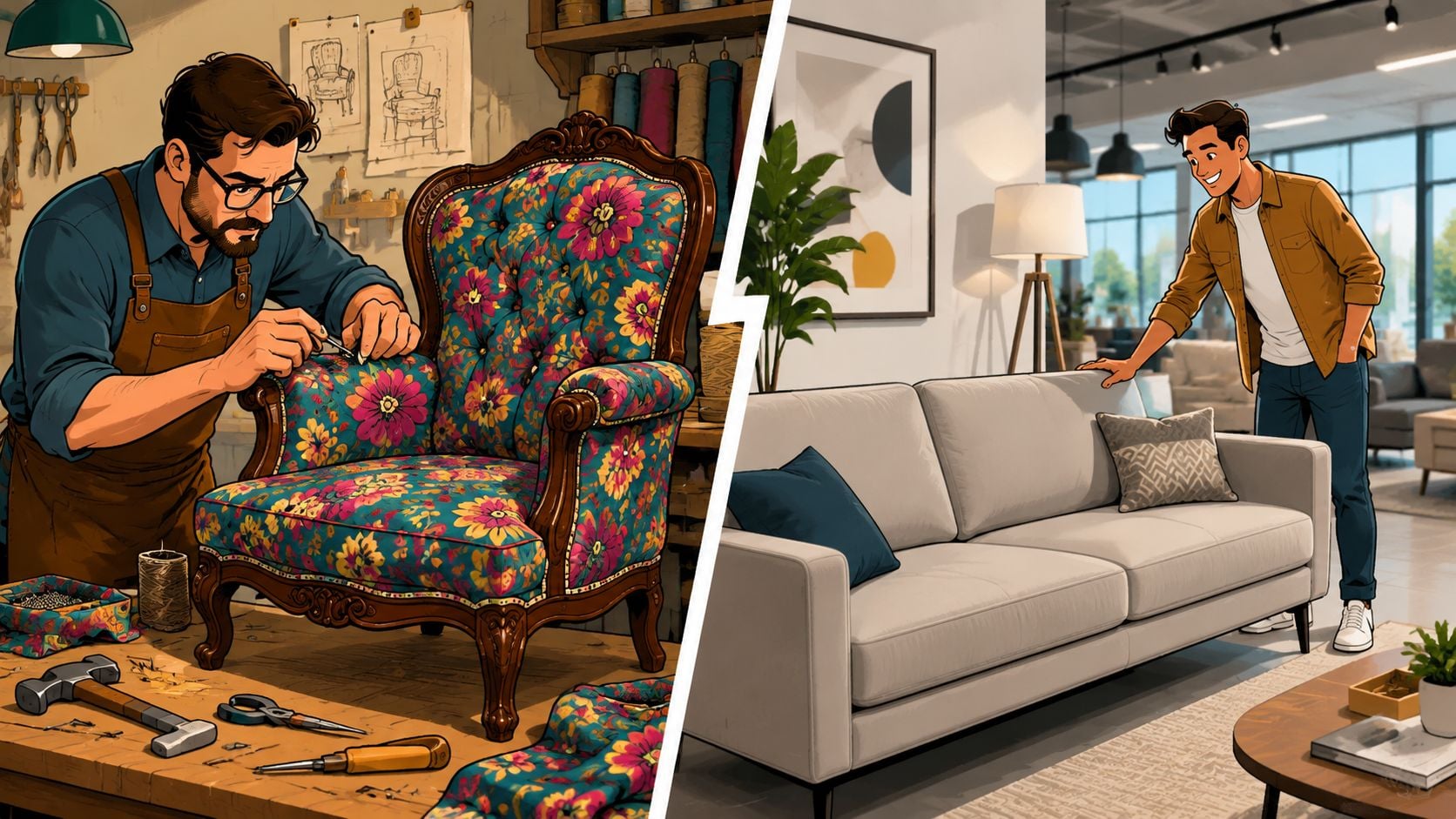 A split screen comparing a skilled upholsterer working on a floral chair with a man shopping for furniture.