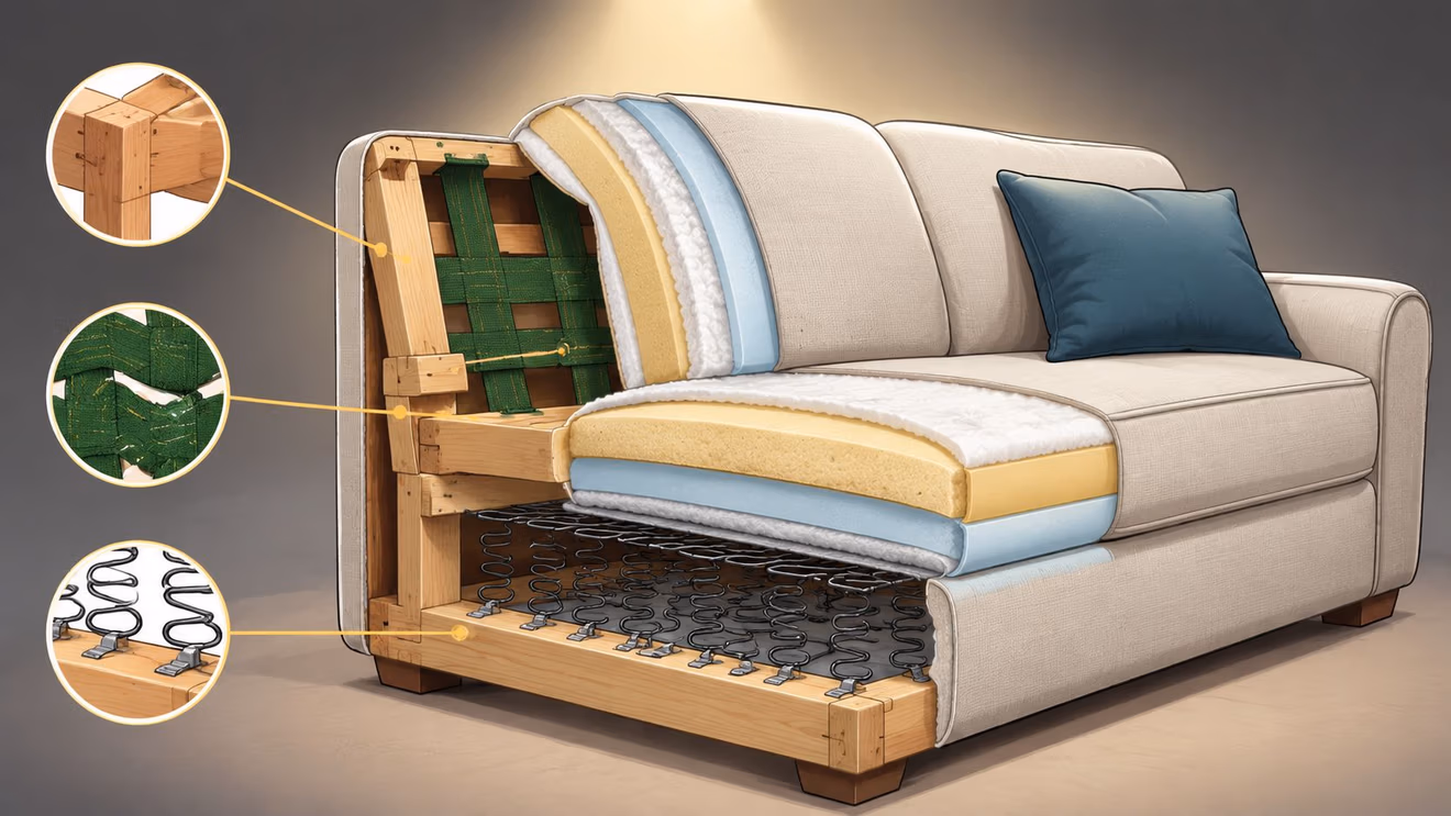 A cutaway view of a sofa showing internal construction details including wood framing, webbing, and springs.