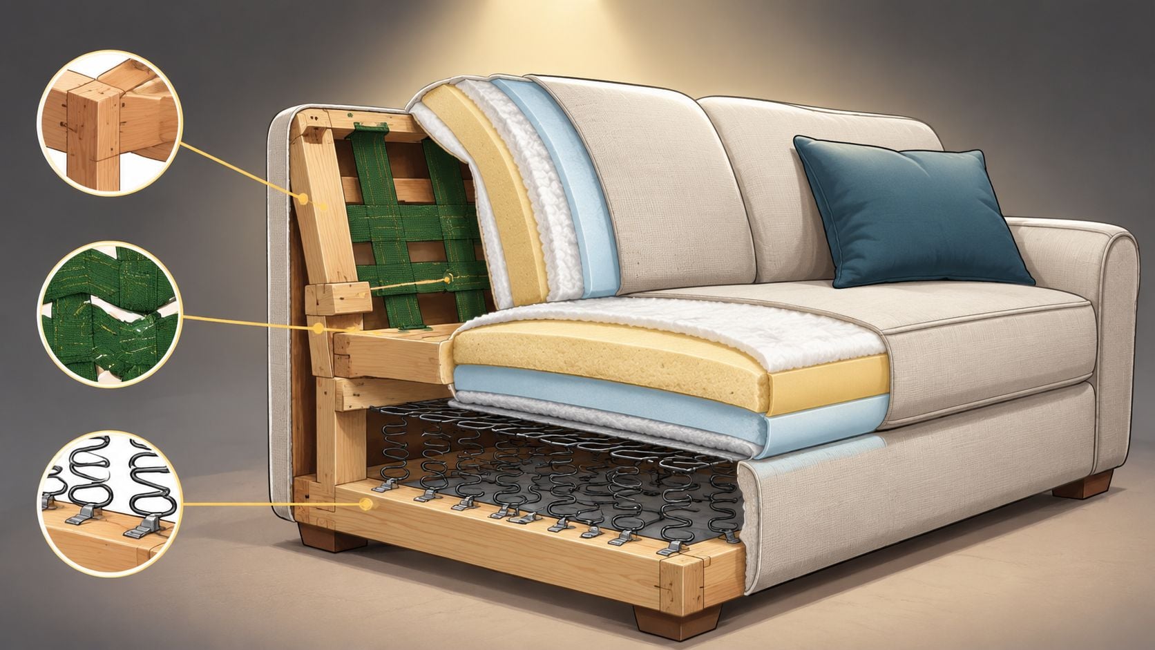 A cutaway view of a sofa showing internal construction details including wood framing, webbing, and springs.
