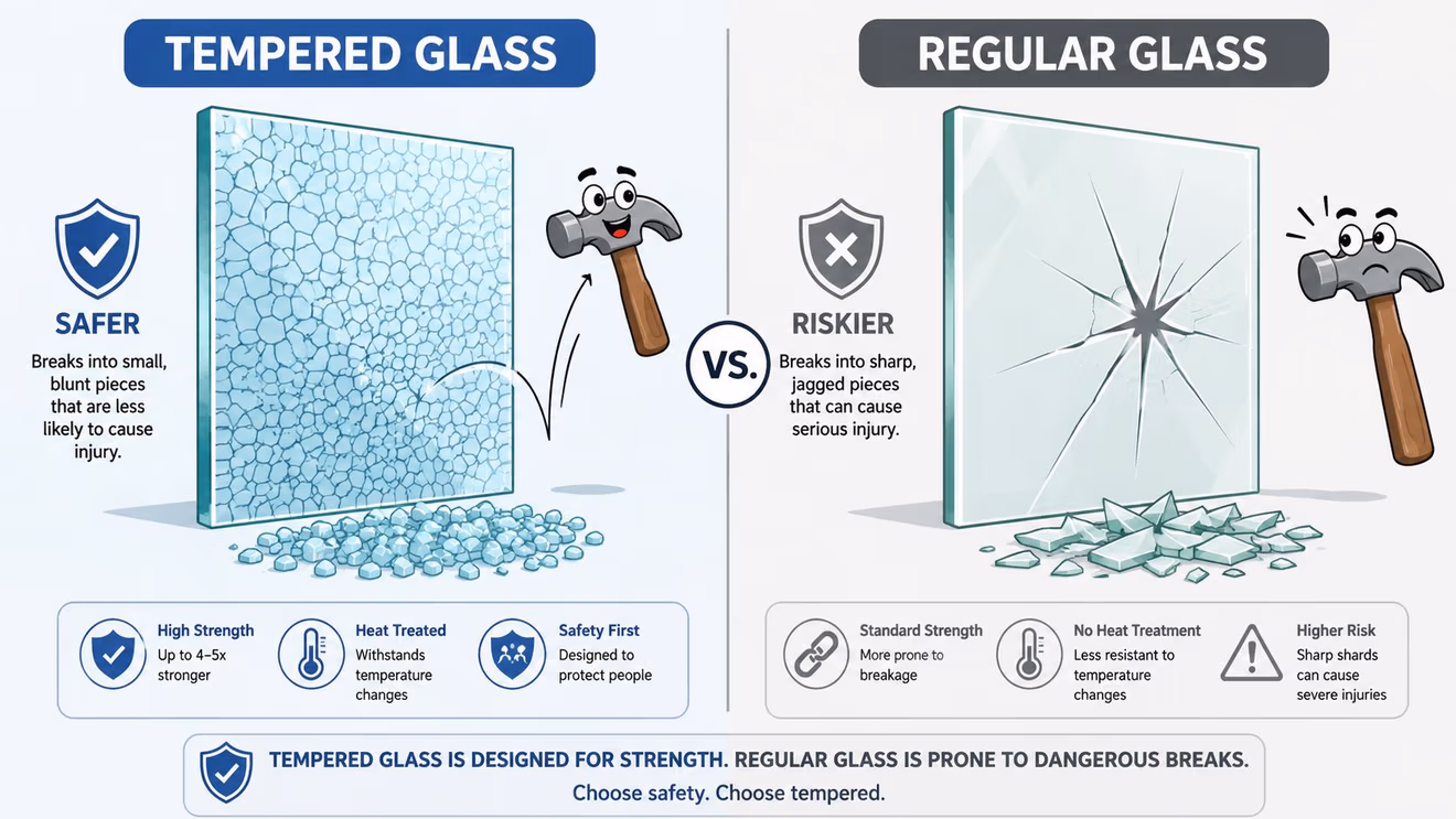 An infographic comparing tempered glass, which breaks into blunt pieces, and regular glass, which shatters into sharp shards.