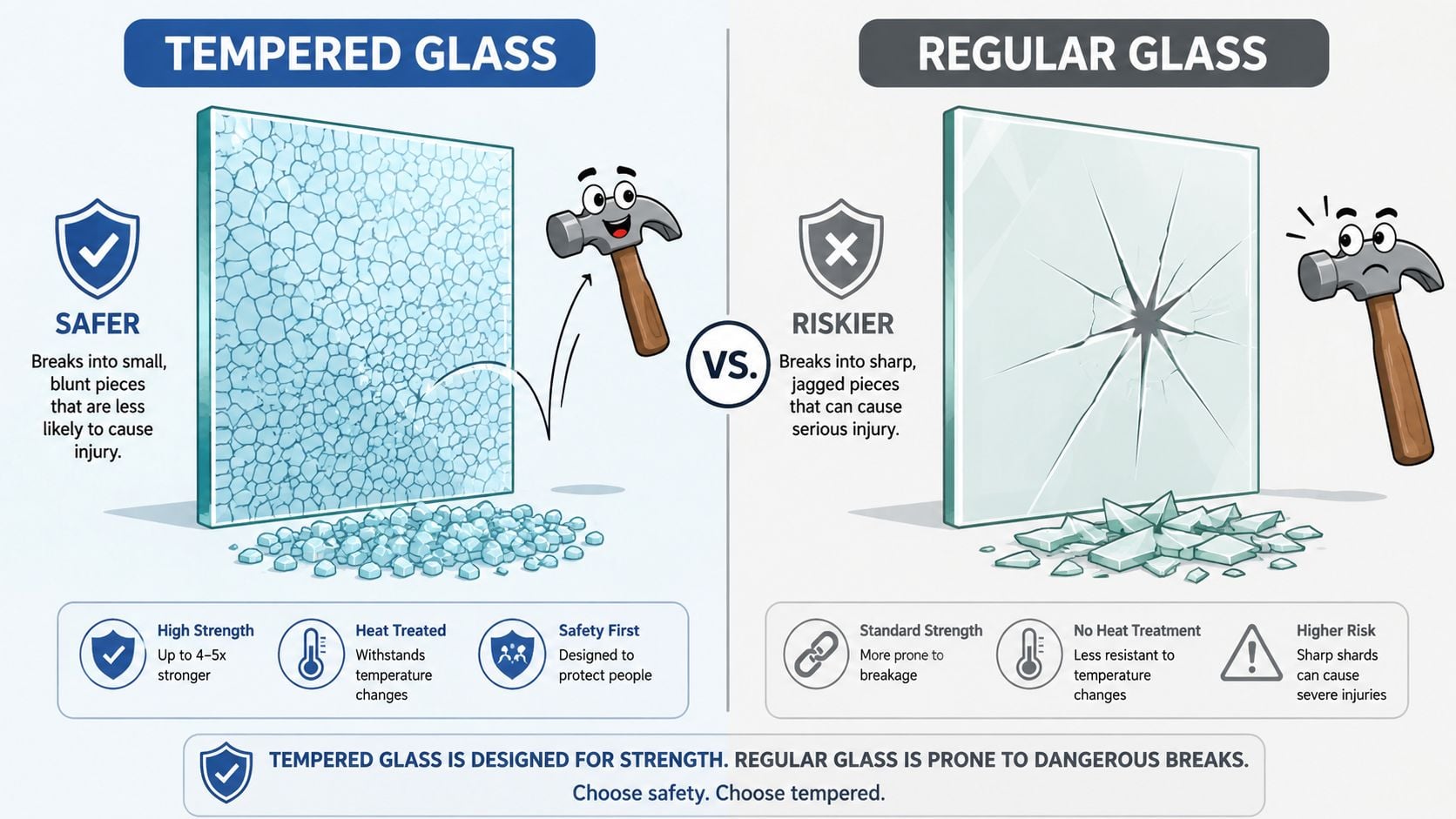 An infographic comparing tempered glass, which breaks into blunt pieces, and regular glass, which shatters into sharp shards.