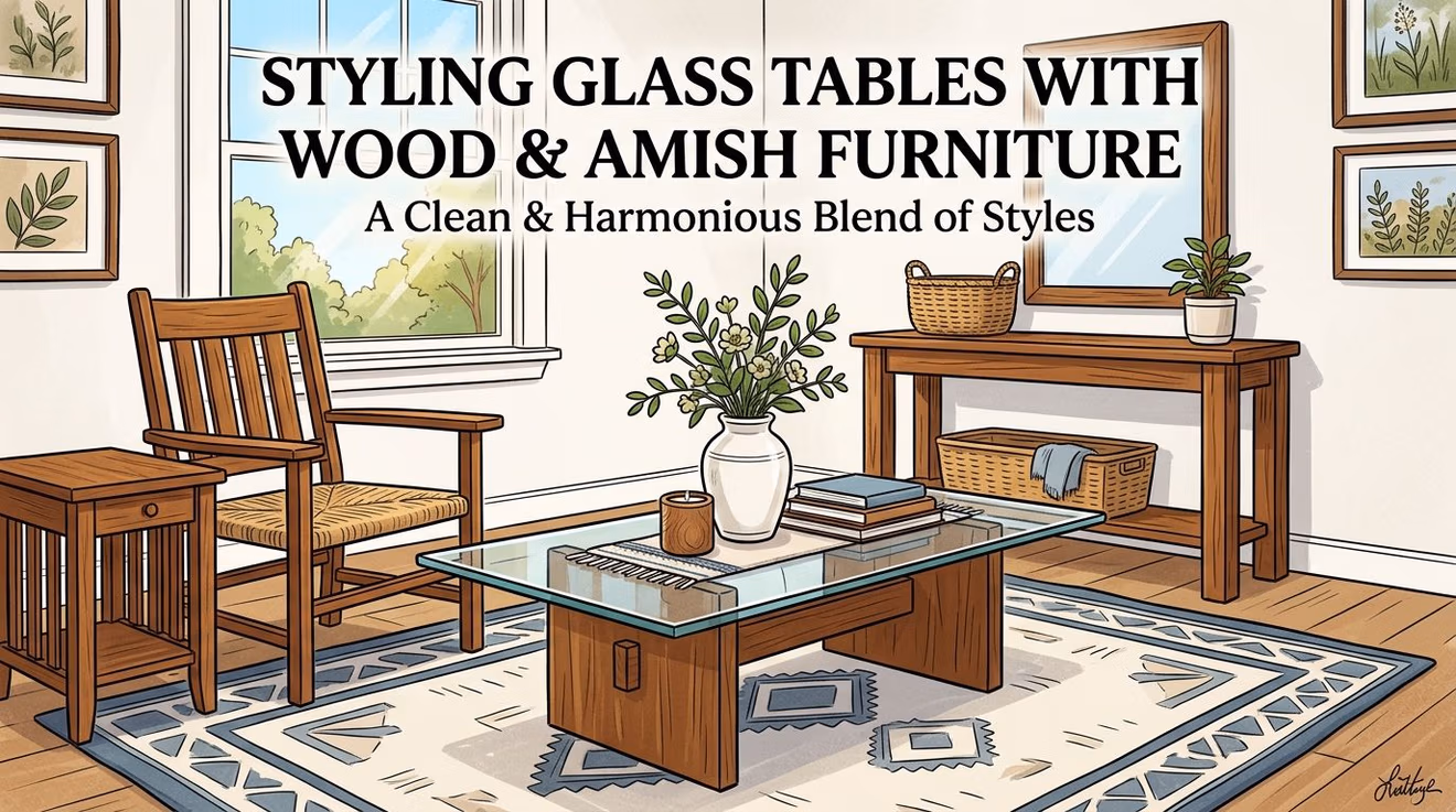 A cozy living room featuring a glass coffee table with wood accents and traditional Amish style furniture.