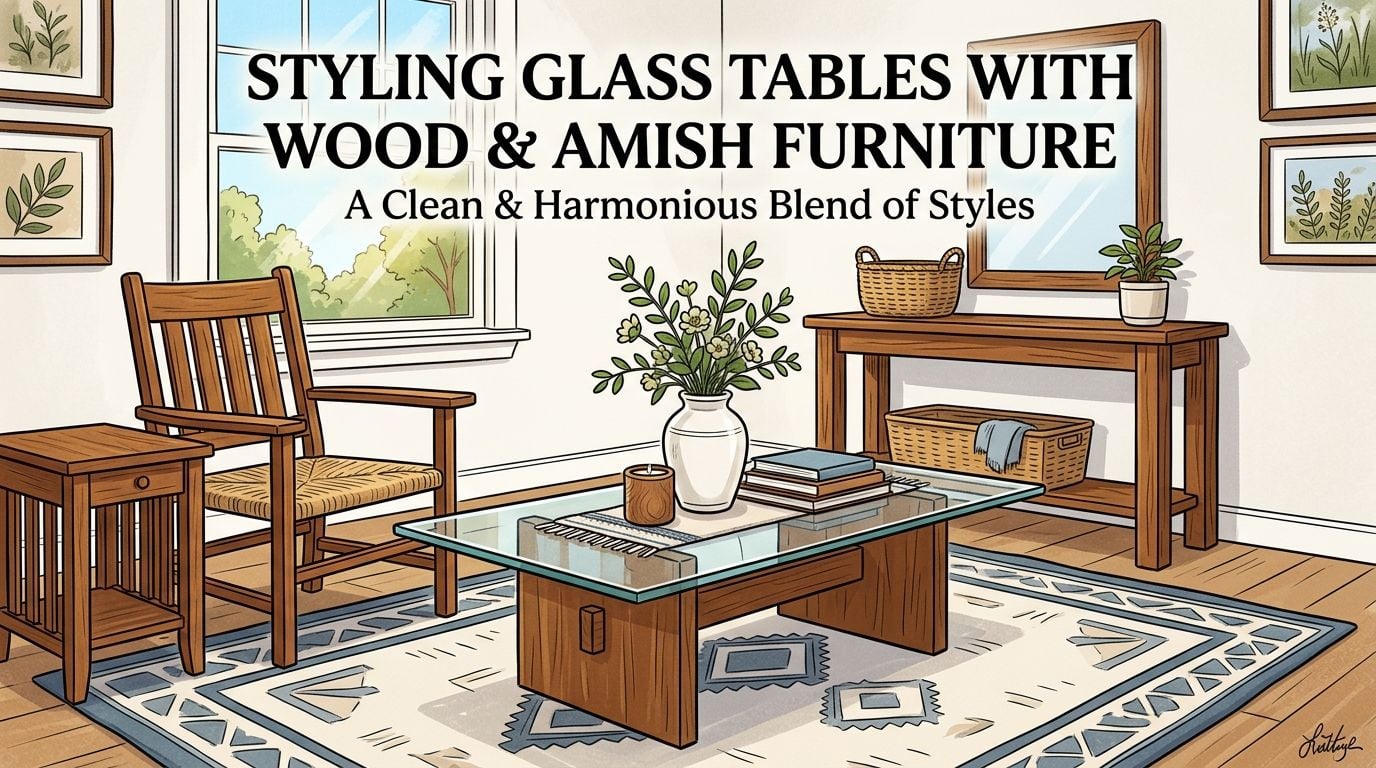 A cozy living room featuring a glass coffee table with wood accents and traditional Amish style furniture.