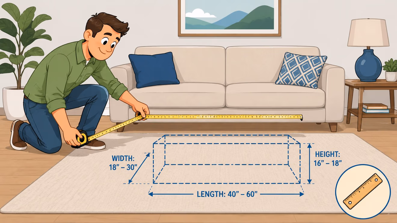 A man measuring space in a living room to determine the ideal size for a coffee table.