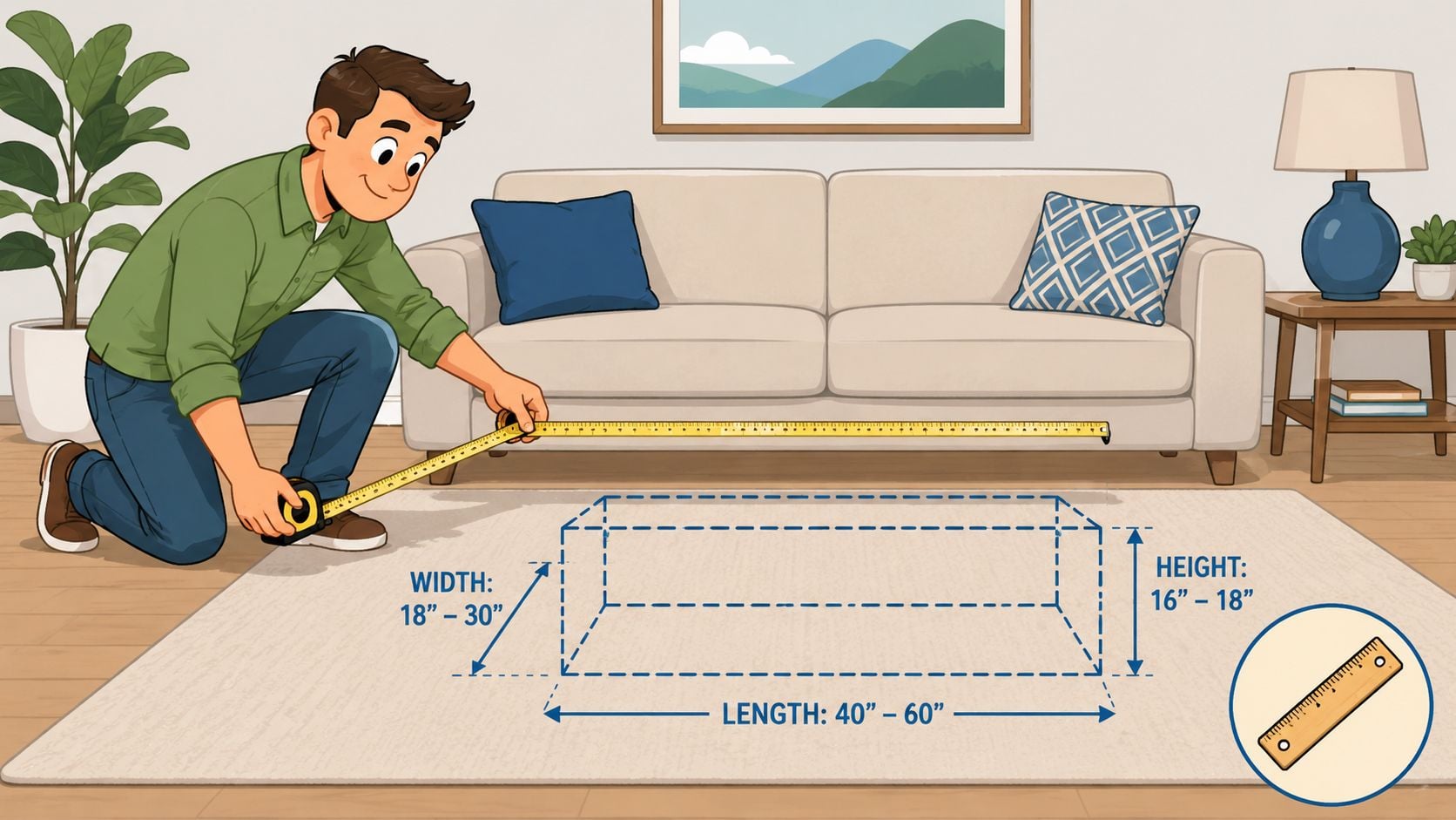 A man measuring space in a living room to determine the ideal size for a coffee table.