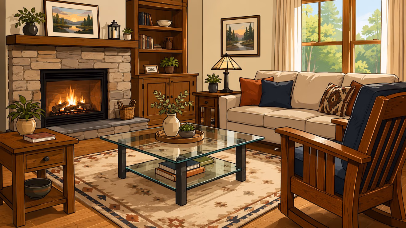 A cozy rustic living room featuring a glass coffee table, stone fireplace, comfortable sofa, and wooden furniture.