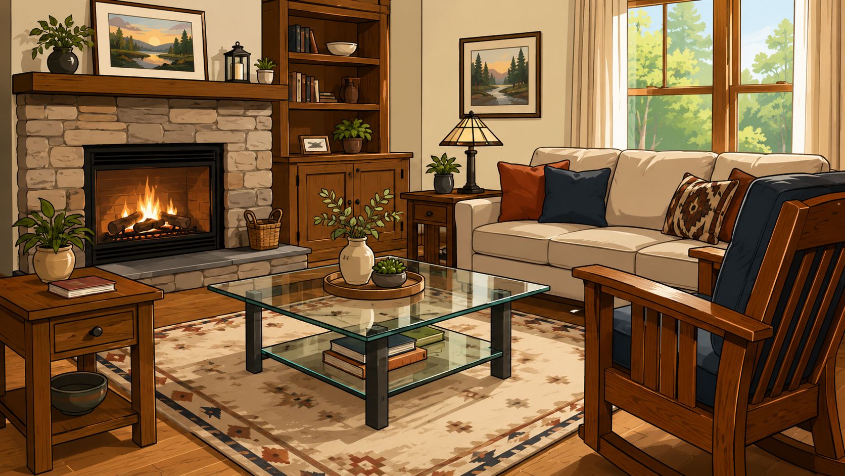 A cozy rustic living room featuring a glass coffee table, stone fireplace, comfortable sofa, and wooden furniture.
