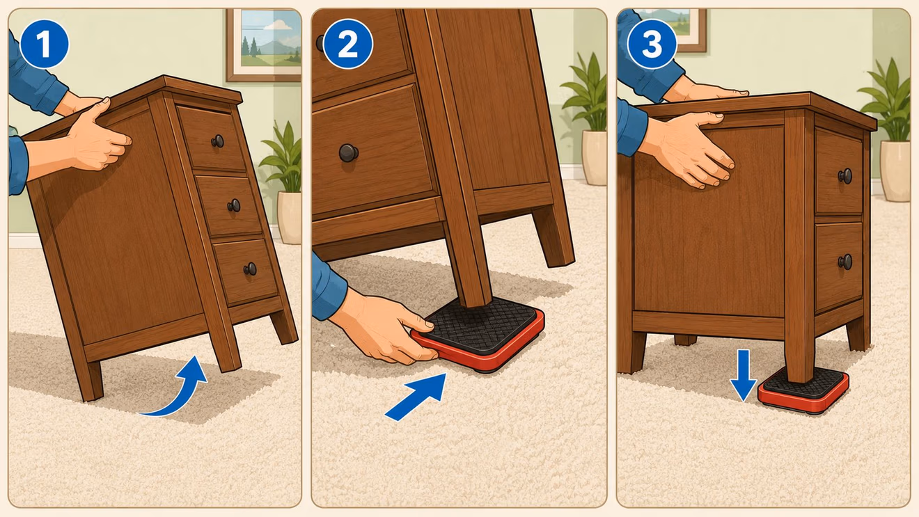 A person demonstrates the three-step process of using red heavy duty sliders to move furniture on carpet.